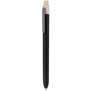 A black plastic pen with a wooden accent and a metal clip, featuring a logo on the side.