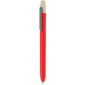 A red plastic pen with a grey clip and a bamboo accent near the top. It features a logo on the barrel.