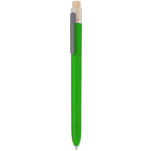 A green plastic pen with a silver clip and a wooden top section. It features a branding logo.