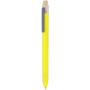 A bright yellow plastic pen with a bamboo accent and a grey clip. It features a logo on the barrel.