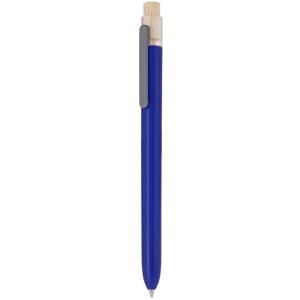 A blue plastic pen with a grey clip and a wooden accent on the top. It features a logo.