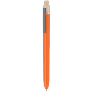 An orange plastic pen with a bamboo accent and a grey clip. It features a branding logo.