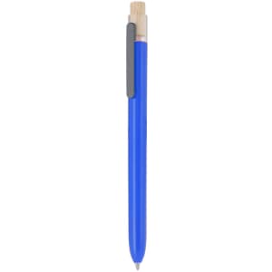 A blue plastic pen with a bamboo clip and grey accent, featuring a simple design and a logo.