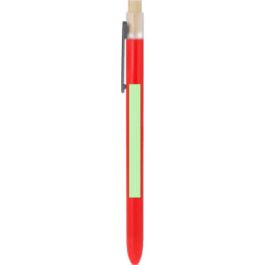 A red plastic pen with a clear section, featuring a clip and a blank area for personalisation.
