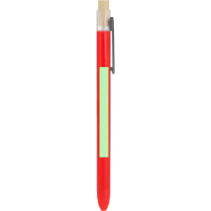 A red plastic pen featuring a green section and a clip, with a logo on the barrel.
