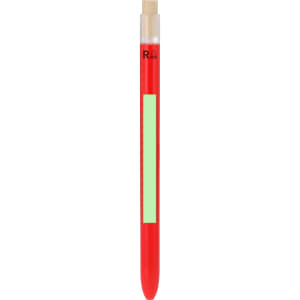 A red plastic pen with a clear top and a logo. The pen features a blank green area for customisation.