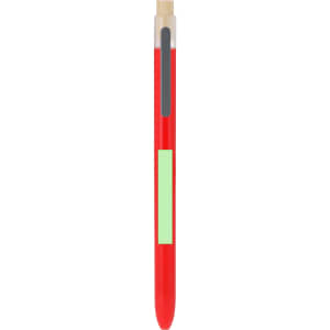A red plastic pen with a transparent body and a blank space for branding. It features a metallic tip and clip.