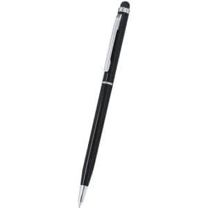 A black stylus touch ball pen with silver accents, featuring a clip and a rounded tip. It has a logo on its body.