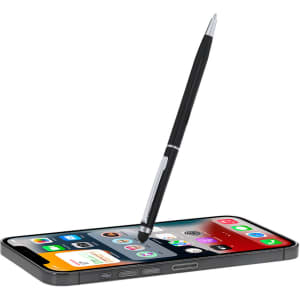 A black stylus touch ball pen positioned above a smartphone screen, featuring a logo on the pen.