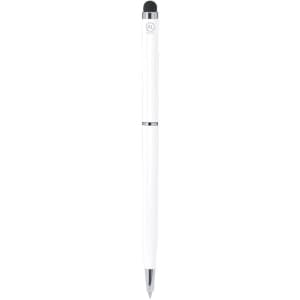 A white stylus touch ball pen with a silver accent and a black rubber tip. Features a branding logo.