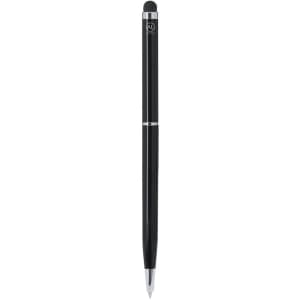 A black stylus touch ball pen with a silver trim and a logo at the top.