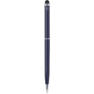 A navy blue stylus touch ball pen featuring a sleek design and a logo near the top.