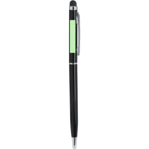 A black stylus touch ball pen with a green accent and a clip, featuring a branding logo.