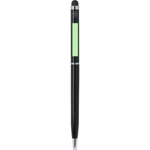 A black stylus touch ball pen with a green panel and a branding logo at the top.