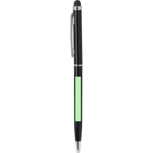 A black pen with a green section and a stylus tip, featuring chrome accents and a clip.
