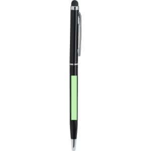 A black stylus touch ball pen featuring a green accent and a silver clip, with a logo present on the body.