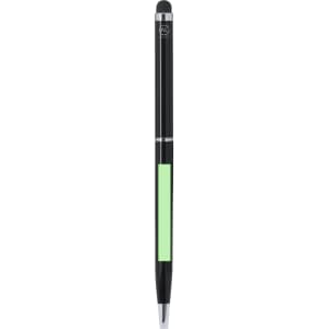 A black stylus touch ball pen with a mint green grip and a silver accent, featuring a logo.