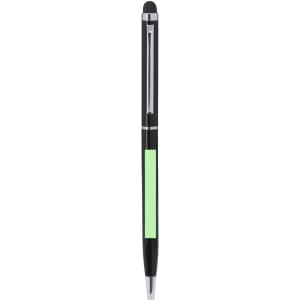 A black and mint green stylus touch ball pen with a glossy finish. It features a logo on the barrel.