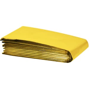 A folded gold space blanket with a shiny surface, featuring a simple rectangular shape and multiple creases.