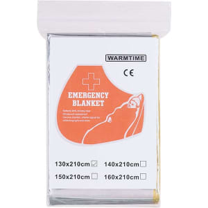 A packaged emergency blanket in silver with an orange design, featuring size options listed on the front.