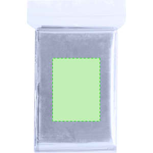 A silver Mithak Space Blanket packaged in a clear bag, featuring a plain green area in the centre.