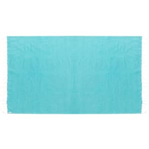 A turquoise towel pareo with fringe detailing, ideal for beach outings. It features a logo in the corner.