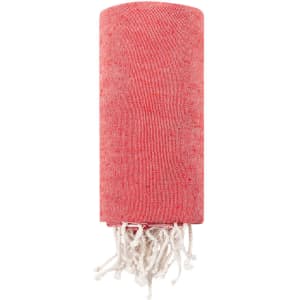 A red towel pareo with fringed edges, featuring a soft, textured fabric, and a logo. Ideal for leisure and outdoor activities.