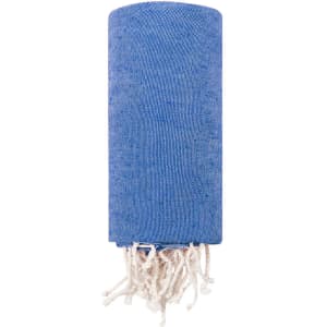 A blue towel pareo with white fringes, featuring a branding logo.