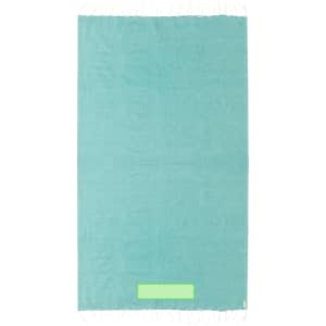 A turquoise towel pareo with fringed edges, featuring a branding logo. Ideal for beach use.