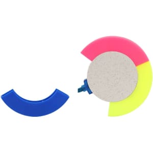 A highlighter set in pink, yellow, and blue, featuring a circular design with removable sections.
