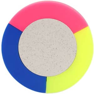 A round highlighter with vibrant pink, blue, yellow, and grey sections, featuring a logo in the centre.