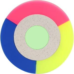 A circular highlighter with pink, blue, green, and yellow sections, featuring a central grey area and branding.