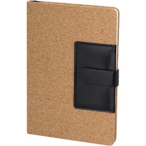 A cork notepad with a black elastic band and a pocket on the front, featuring a simple design and a natural finish.