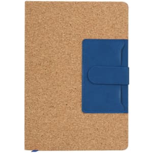 A cork-covered notepad with a blue leatherette clasp. Features a simple and functional design.