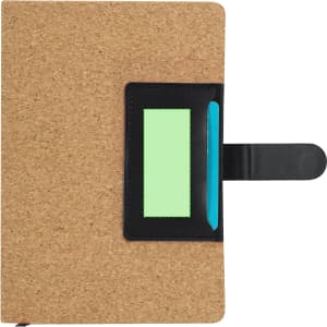A notepad with a cork exterior, featuring a black pocket and a teal pen holder. It has a simple, natural design.