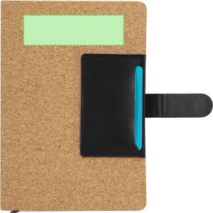 A cork-covered notepad with a black pocket, a pen loop, and a green label area at the top.