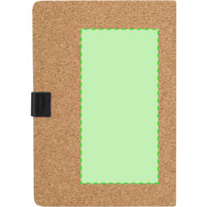 A brown cork notepad with a green inner page and a black closure band, featuring a blank space for a logo.