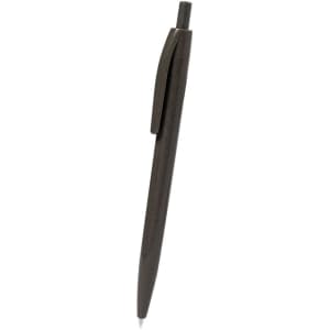 A black pen with a sleek design and a clip, featuring a logo on the side.