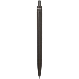 A black pen with a sleek design and a logo on the top.