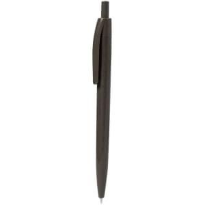 A black pen with a clip on the side, featuring a sleek and simple design. It has a logo on its body.