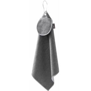 A hanging grey golf towel featuring a loop for easy attachment, with contrasting edges. It includes a logo.