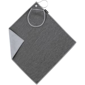 A grey golf towel with a soft backing and a loop for hanging. Features a branding logo.