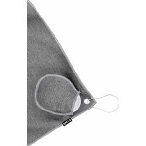 A grey golf towel with a looped attachment, featuring a small pouch for storage. The towel has a logo.