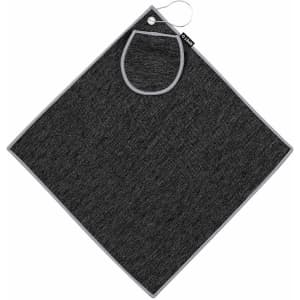 A dark grey golf towel with a loop for hanging and a pocket feature. It has a logo on one side.