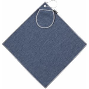 A grey and navy golf towel featuring a hanging loop and a logo. The towel is square-shaped.