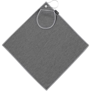 A grey golf towel featuring a hanging loop and a pocket, ideal for keeping gear dry on the course.