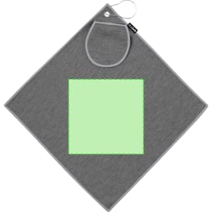 A grey golf towel with a pocket and a loop for hanging, featuring a blank square section for customization.