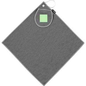 A grey golf towel featuring a loop for hanging and a pocket for accessories. It has a branding logo.