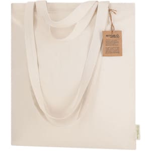 A beige tote bag with two handles and a tag, featuring a logo and made from recycled materials.