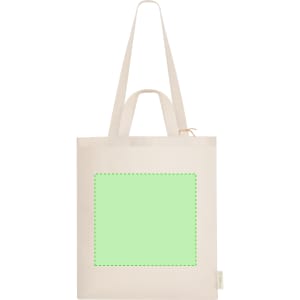 A light beige tote bag featuring a green square placeholder design and two sturdy handles.